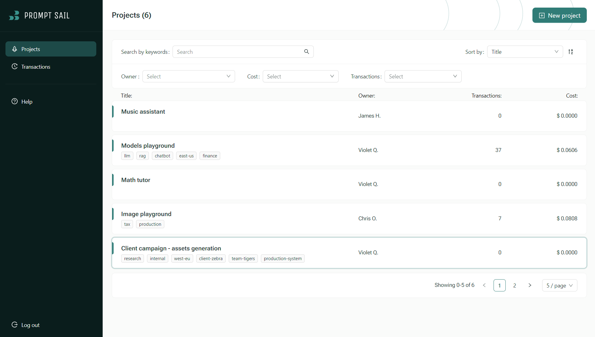 Prompt Sail Organisatin Dashboard list of projects