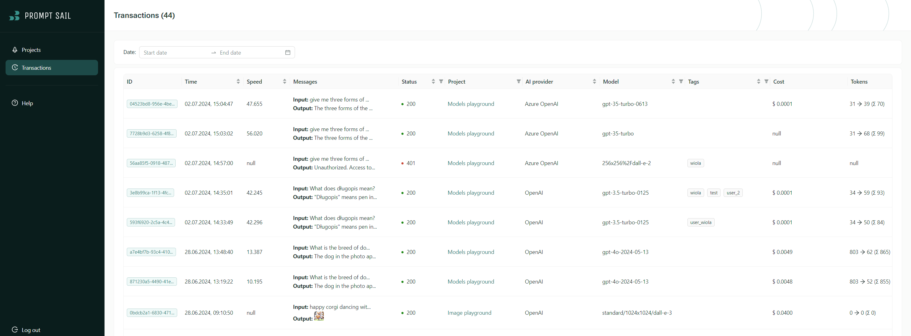 PromptSail UI GenAI transation table view